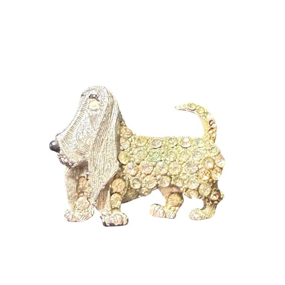Vintage Rhinestone Basset Hound Dog Brooch Pin Silver-Tone - Picture 3 of 3